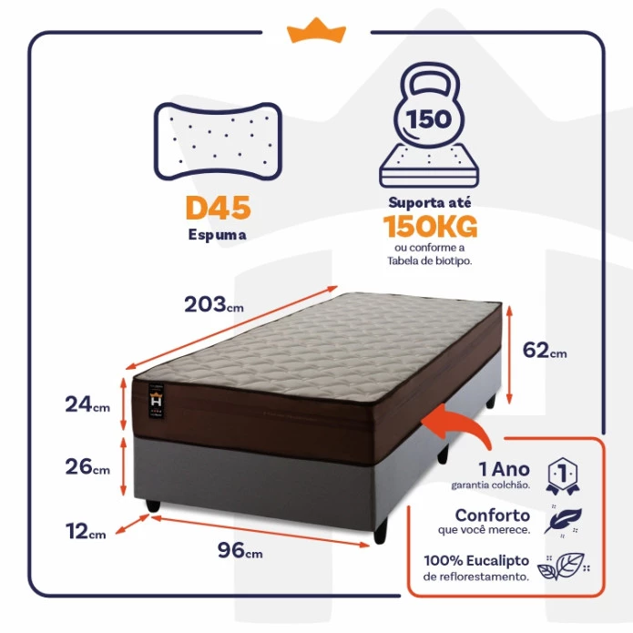 Conjunto Cama Box Espuma Atlanta Marrom Solteiro 96x203x62
