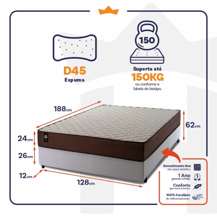 Conjunto Cama Box Espuma Atlanta Marrom Viúva 128x188x62