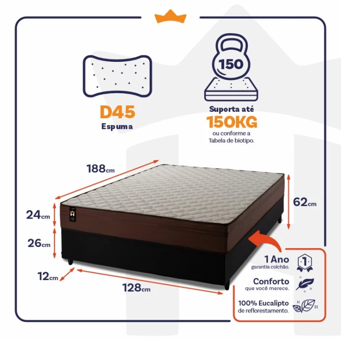Conjunto Cama Box Espuma Atlanta Marrom Viúva 128x188x62