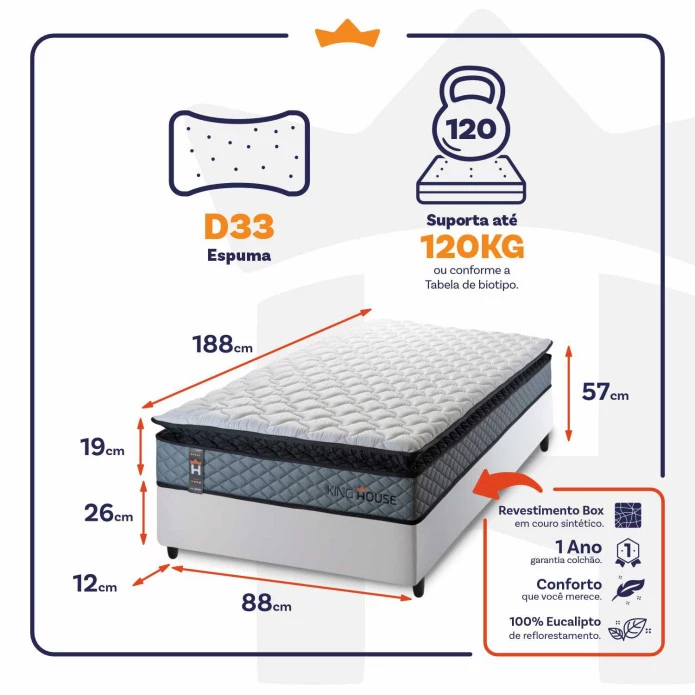 Conjunto Cama Box Espuma Chicago Cinza Solteiro 88x188x57