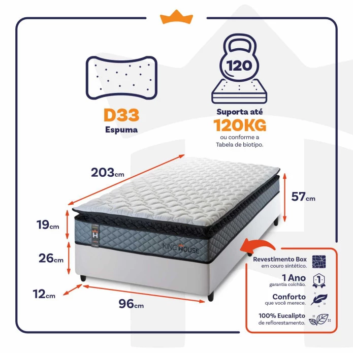Conjunto Cama Box Espuma Chicago Cinza Solteiro 96x203x57