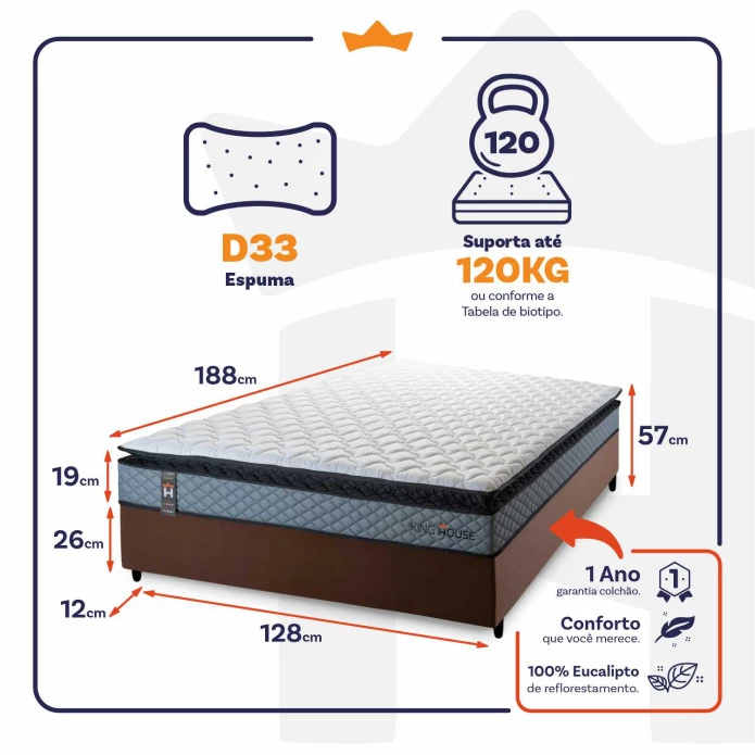 Conjunto Cama Box Espuma Chicago Cinza Viúva 128x188x57