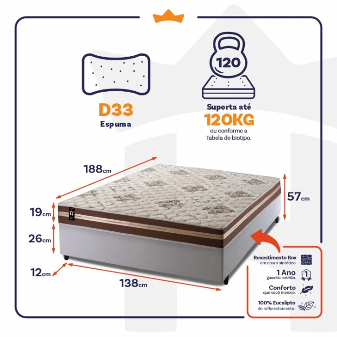 Conjunto Cama Box Espuma Chicago Marrom Casal 138x188x57