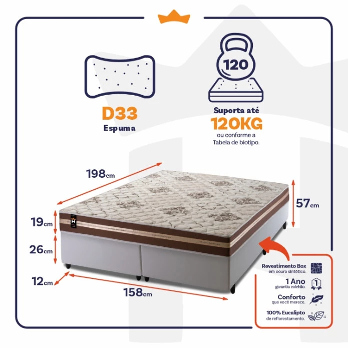Conjunto Cama Box Espuma Chicago Marrom Queen 158x198x57
