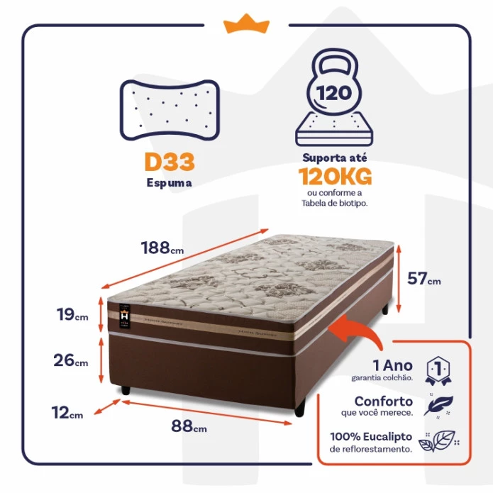 Conjunto Cama Box Espuma Chicago Marrom Solteiro 88x188x57