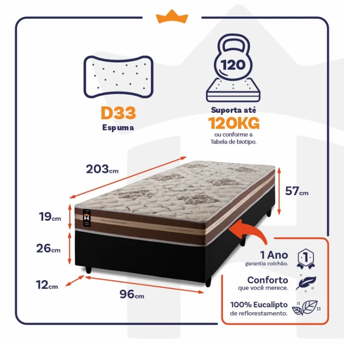 Conjunto Cama Box Espuma Chicago Marrom Solteiro 96x203x57