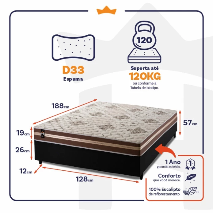 Conjunto Cama Box Espuma Chicago Marrom Viúva 128x188x57