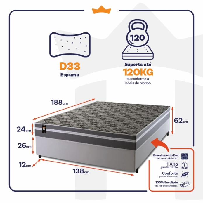Conjunto Cama Box Espuma Miami Cinza Casal 138x188x62