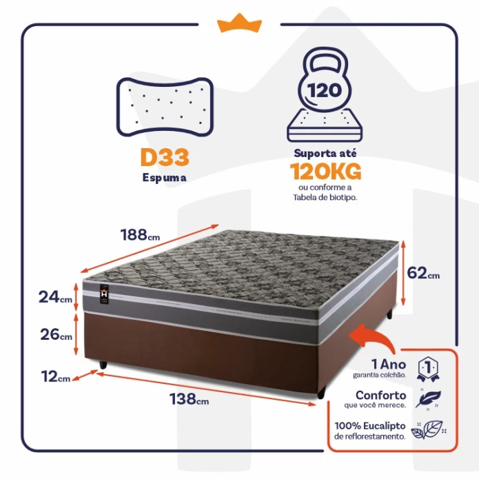 Conjunto Cama Box Espuma Miami Cinza Casal 138x188x62