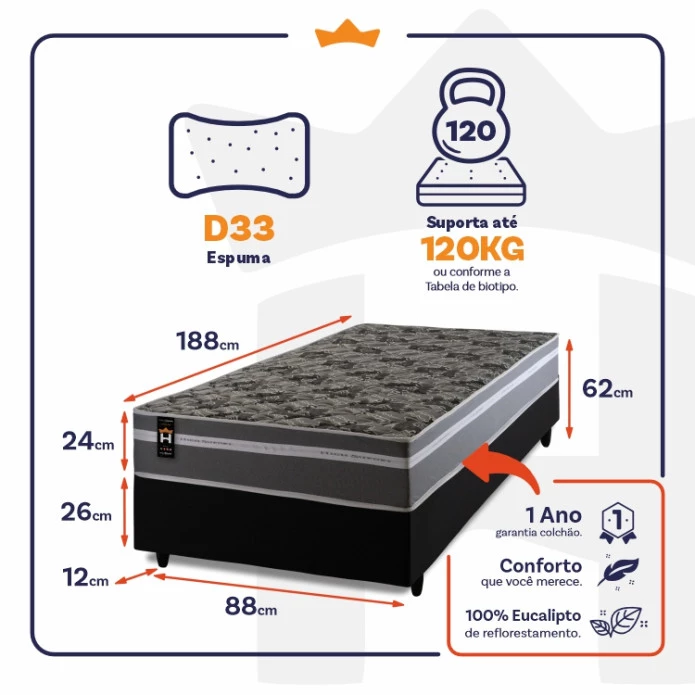 Conjunto Cama Box Espuma Miami Cinza Solteiro 88x188x62