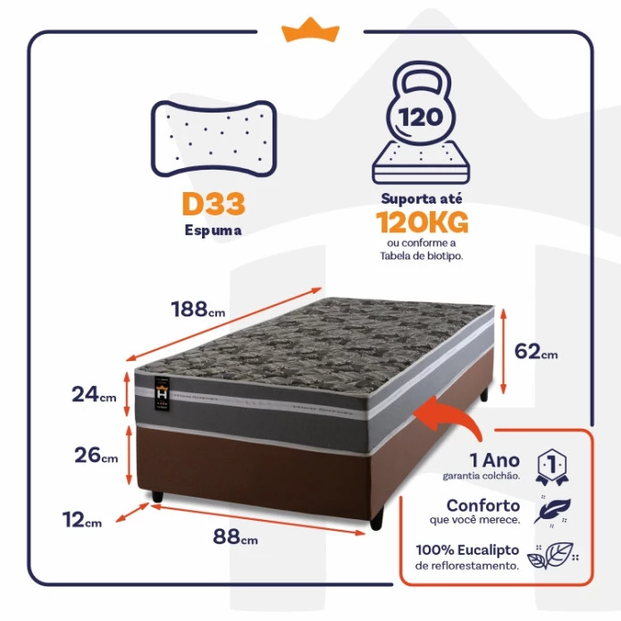Conjunto Cama Box Espuma Miami Cinza Solteiro 88x188x62