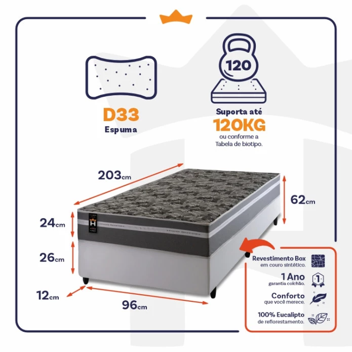 Conjunto Cama Box Espuma Miami Cinza Solteiro 96x203x62