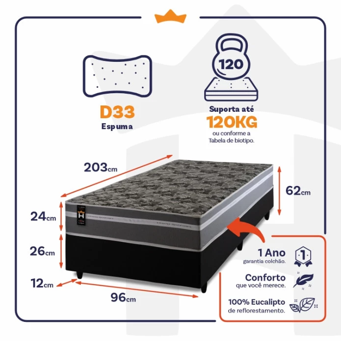 Conjunto Cama Box Espuma Miami Cinza Solteiro 96x203x62