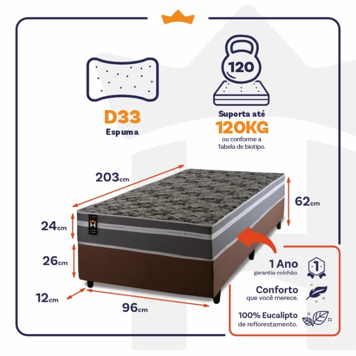 Conjunto Cama Box Espuma Miami Cinza Solteiro 96x203x62