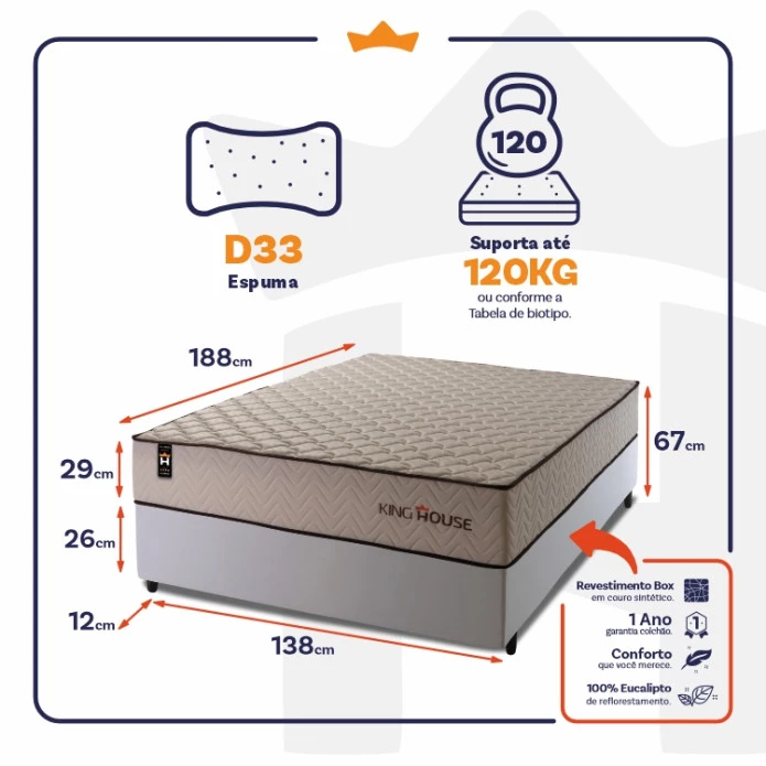 Conjunto Cama Box Espuma San Diego Bege Casal 138x188x67
