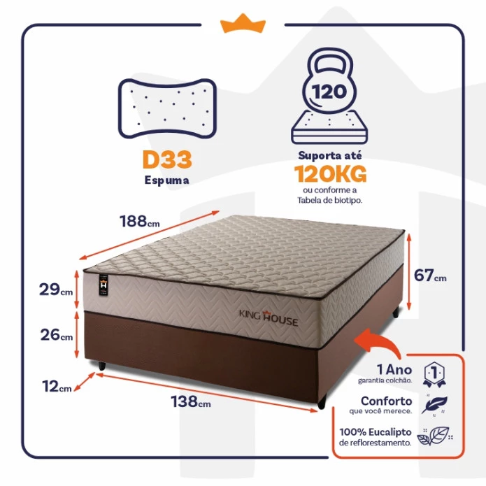 Conjunto Cama Box Espuma San Diego Bege Casal 138x188x67