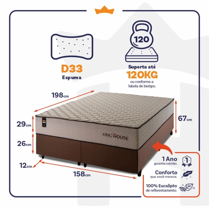 Conjunto Cama Box Espuma San Diego Bege Queen 158x198x67