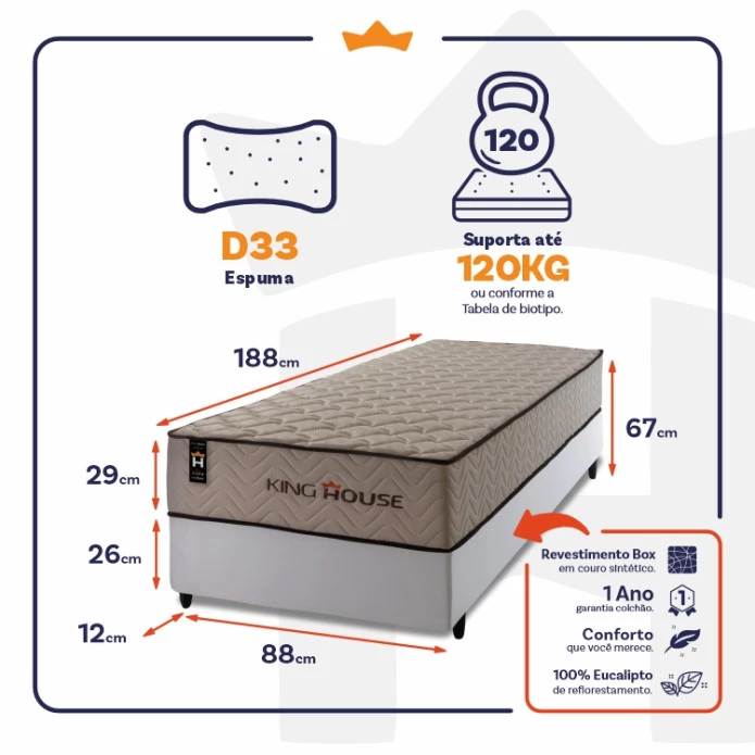 Conjunto Cama Box Espuma San Diego Bege Solteiro 88x188x67