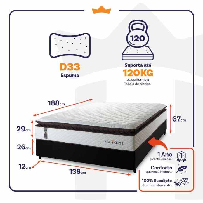 Conjunto Cama Box Espuma San Diego Branco Casal 138x188x67