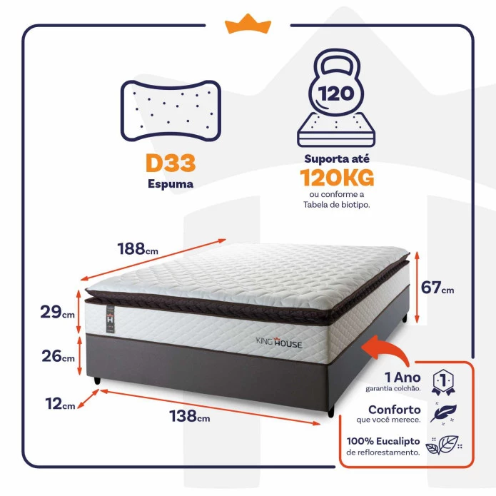 Conjunto Cama Box Espuma San Diego Branco Casal 138x188x67