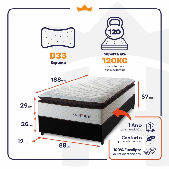 Conjunto Cama Box Espuma San Diego Branco Solteiro 88x188x67