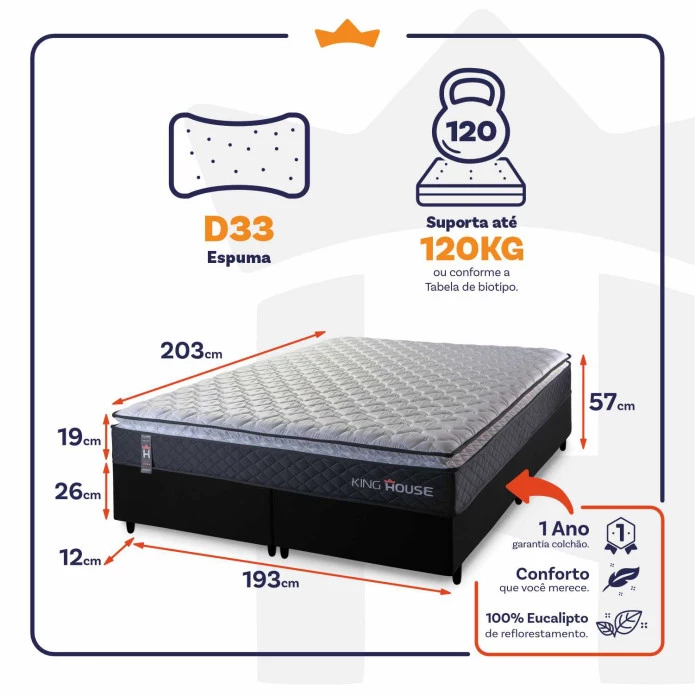 Conjunto Cama Box King Dakota Preto 193x203x57 Espuma D33