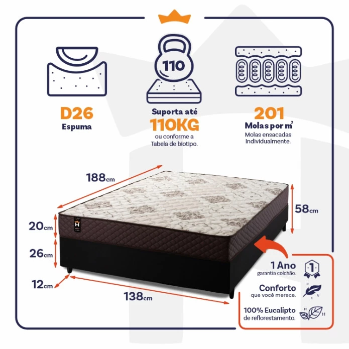 Conjunto Cama Box Molas Ensacadas Allura Marrom Casal 138x188x58