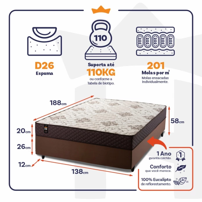 Conjunto Cama Box Molas Ensacadas Allura Marrom Casal 138x188x58