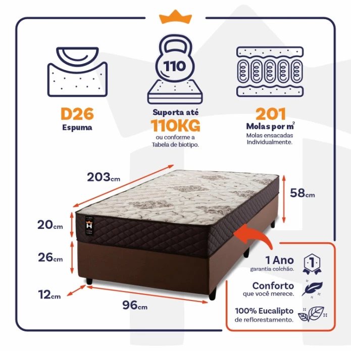 Conjunto Cama Box Molas Ensacadas Allura Marrom Solteiro 96x203x58
