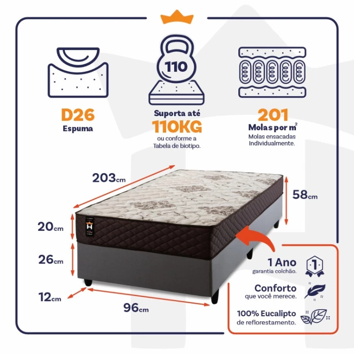 Conjunto Cama Box Molas Ensacadas Allura Marrom Solteiro 96x203x58