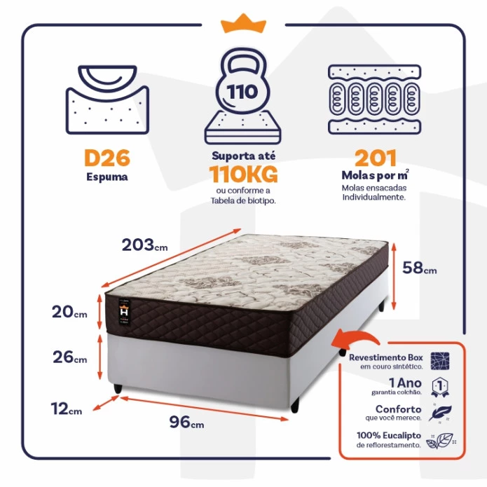 Conjunto Cama Box Molas Ensacadas Allura Marrom Solteiro 96x203x58