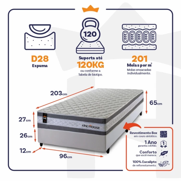 Conjunto Cama Box Molas Ensacadas Alpine Cinza Solteiro 96x203x65