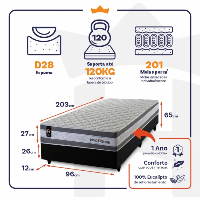 Conjunto Cama Box Molas Ensacadas Alpine Cinza Solteiro 96x203x65