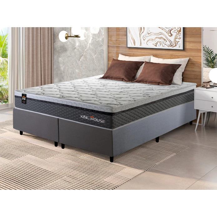 Conjunto Cama Box Molas Ensacadas Benton Cinza Queen 158x198x71