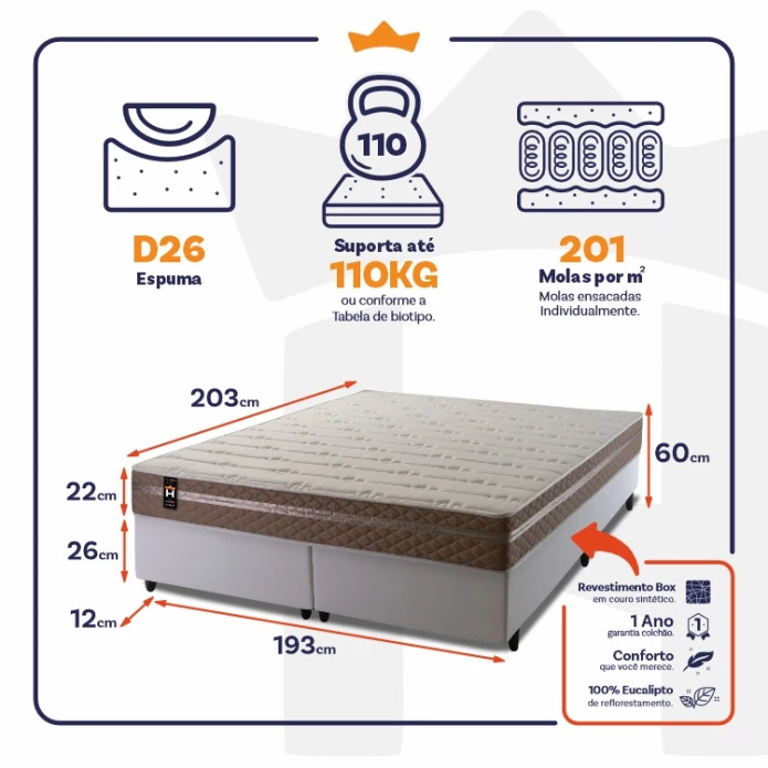 Conjunto Cama Box Molas Ensacadas Georgia Bege King 193x203x60