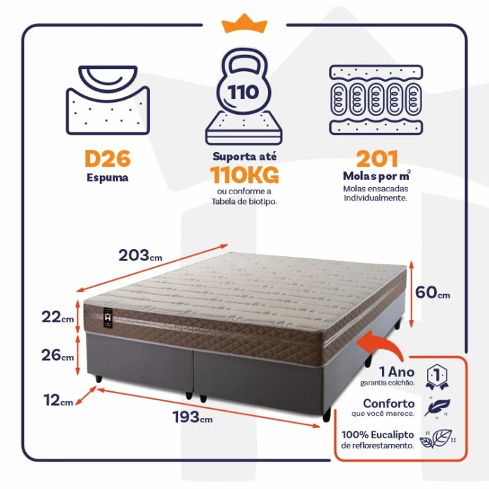 Conjunto Cama Box Molas Ensacadas Georgia Bege King 193x203x60