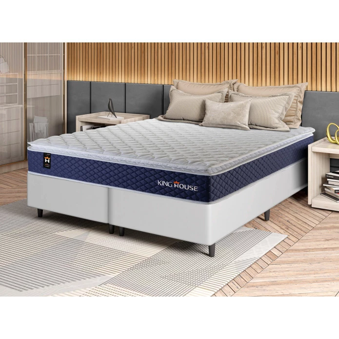 Conjunto Cama Box Molas Ensacadas Lagras Azul Queen 158x198x66