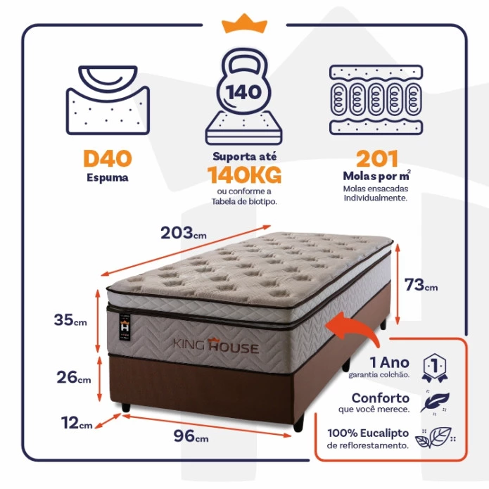 Conjunto Cama Box Molas Ensacadas Liverpool Bege Solteiro 96x203x73