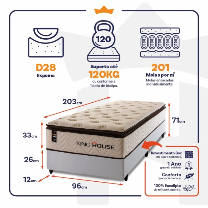 Conjunto Cama Box Molas Ensacadas Quartzo Marrom Solteiro 96x203x71