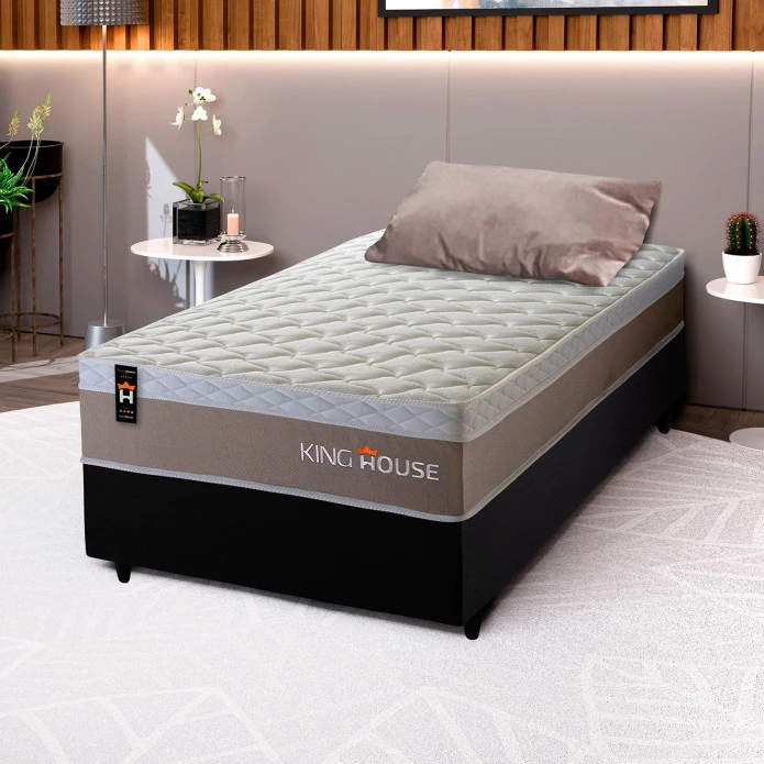 Conjunto Cama Box Molas Ensacadas Sheffield Bege Solteiro 88x188x65