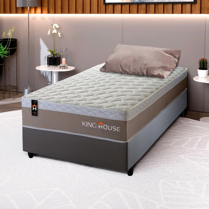 Conjunto Cama Box Molas Ensacadas Sheffield Bege Solteiro 88x188x65