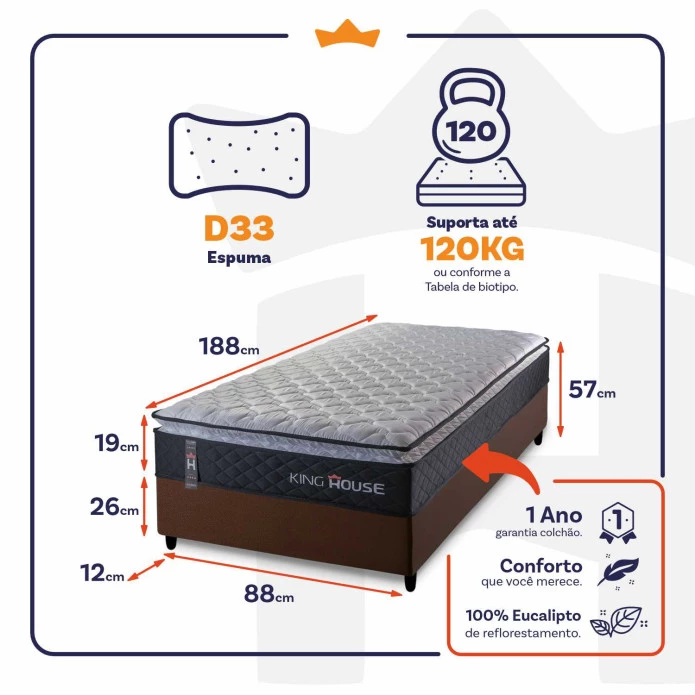 Conjunto Cama Box Solteiro Dakota Preto 88x188x57 Espuma D33