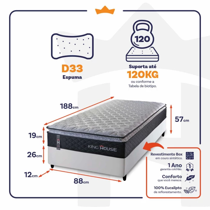 Conjunto Cama Box Solteiro Dakota Preto 88x188x57 Espuma D33