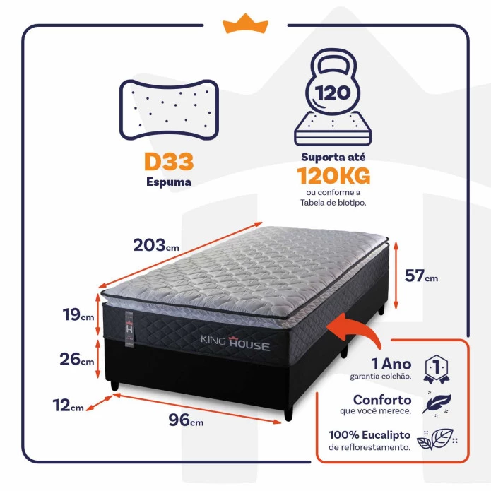 Conjunto Cama Box Solteiro Dakota Preto 96x203x57 Espuma D33
