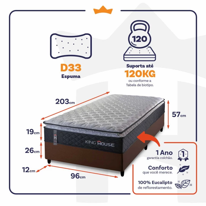 Conjunto Cama Box Solteiro Dakota Preto 96x203x57 Espuma D33