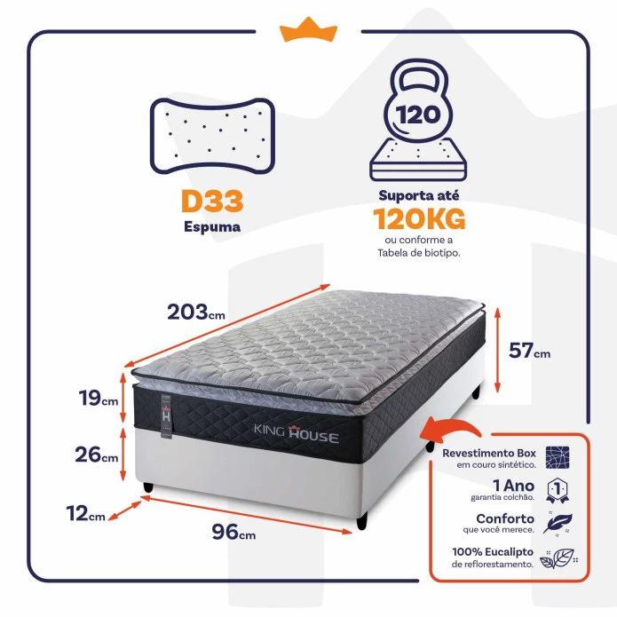 Conjunto Cama Box Solteiro Dakota Preto 96x203x57 Espuma D33