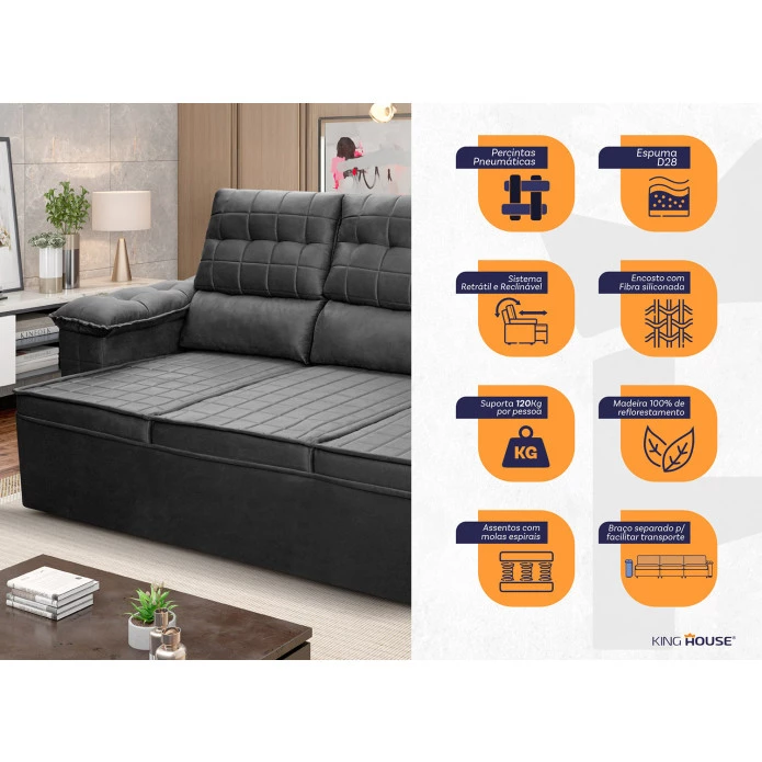 Sofá Retrátil Reclinável 4 lugares com molas 2,30m Quantum Suede Velut Cinza - King House