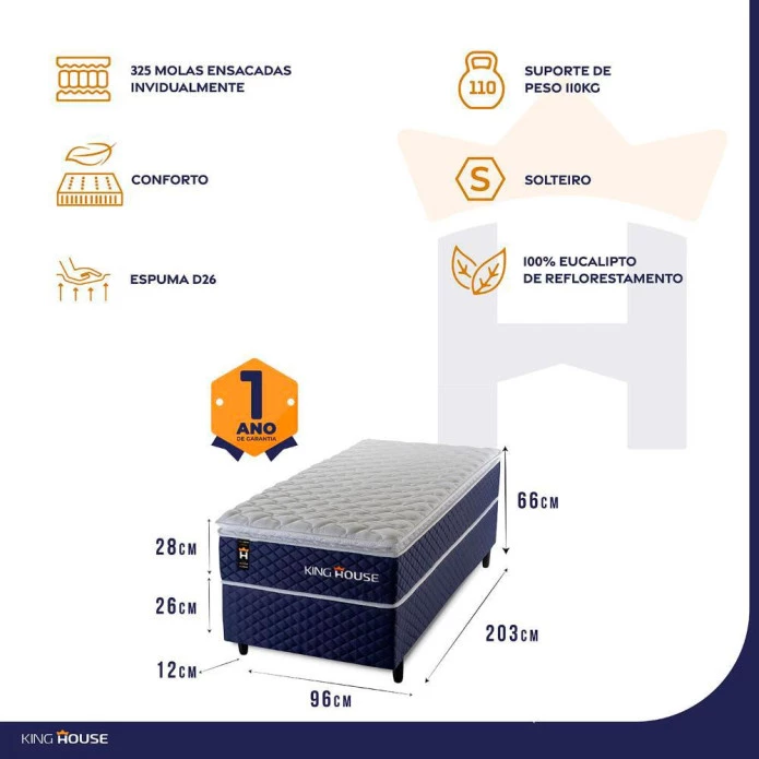 Conjunto Cama Box Solteiro Lagras 96x203x66 Azul Molas Ensacadas 