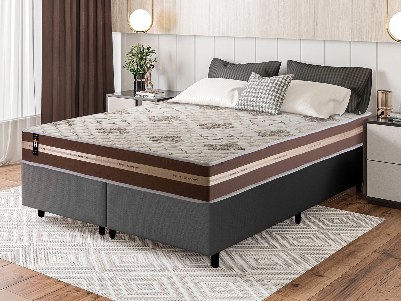 Conjunto Cama Box Espuma Chicago Marrom Queen 158x198x57
