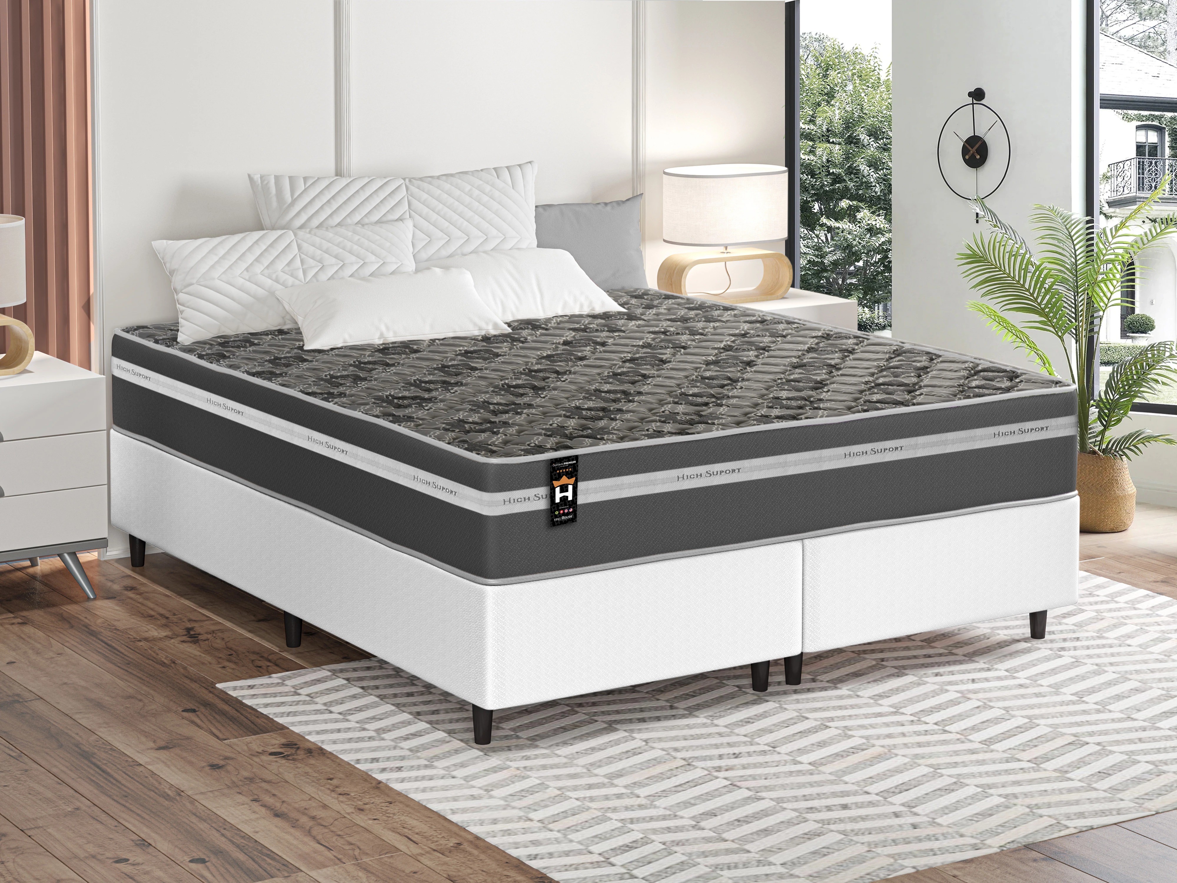 Conjunto Cama Box Espuma Miami Cinza King 193x203x62
